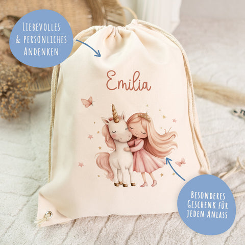 Turnbeutel mit Kindermotiv  - Prinzessin & Einhorn - für Kinder