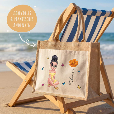 Personalisierte Strandtasche - Blumen - Jute-Tasche mit Name und Figur
