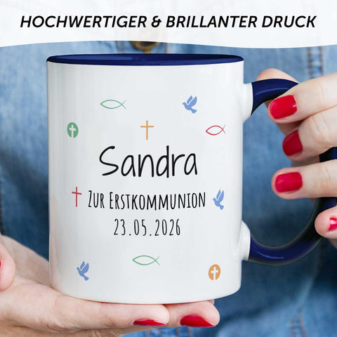 Bedruckte Tasse mit Motiv - Zur Erstkommunion & Konfirmation - Personalisiert mit Name & Datum