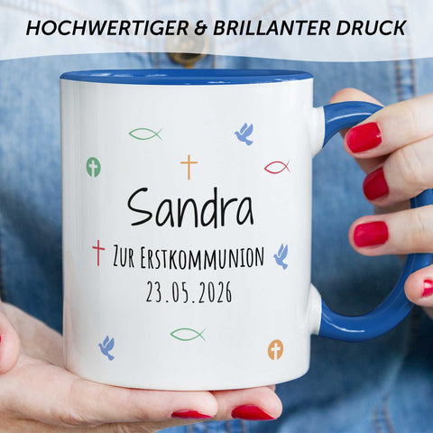 Bedruckte Tasse mit Motiv - Zur Erstkommunion & Konfirmation - Personalisiert mit Name & Datum