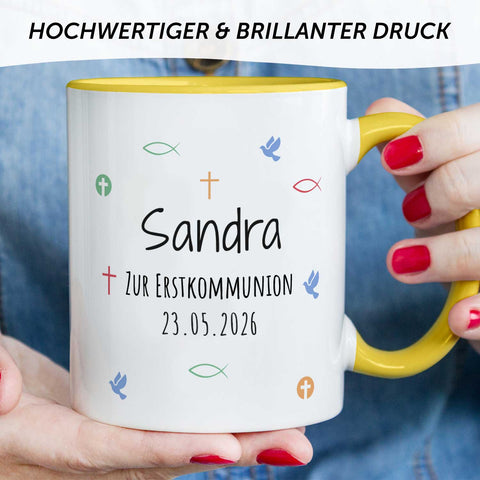 Bedruckte Tasse mit Motiv - Zur Erstkommunion & Konfirmation - Personalisiert mit Name & Datum