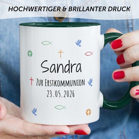 Bedruckte Tasse mit Motiv - Zur Erstkommunion & Konfirmation - Personalisiert mit Name & Datum
