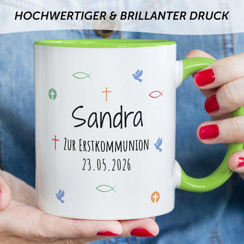 Bedruckte Tasse mit Motiv - Zur Erstkommunion & Konfirmation - Personalisiert mit Name & Datum