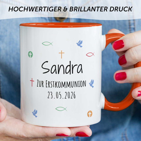 Bedruckte Tasse mit Motiv - Zur Erstkommunion & Konfirmation - Personalisiert mit Name & Datum