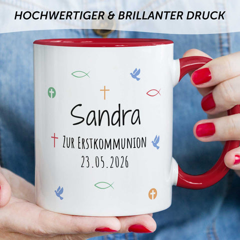Bedruckte Tasse mit Motiv - Zur Erstkommunion & Konfirmation - Personalisiert mit Name & Datum