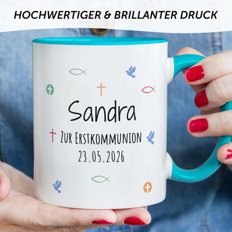 Bedruckte Tasse mit Motiv - Zur Erstkommunion & Konfirmation - Personalisiert mit Name & Datum