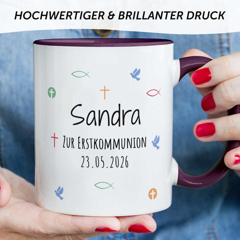 Bedruckte Tasse mit Motiv - Zur Erstkommunion & Konfirmation - Personalisiert mit Name & Datum