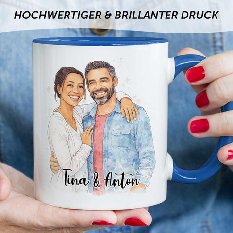 Bedruckte Tasse im Aquarell Stil - Foto Pärchen - Personalisiert mit eigenem Bild