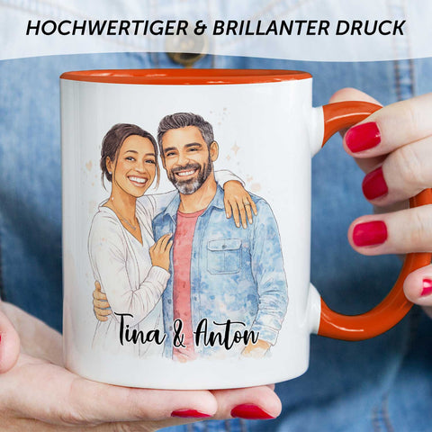 Bedruckte Tasse im Aquarell Stil - Foto Pärchen - Personalisiert mit eigenem Bild