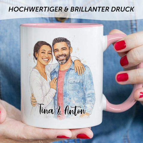 Bedruckte Tasse im Aquarell Stil - Foto Pärchen - Personalisiert mit eigenem Bild