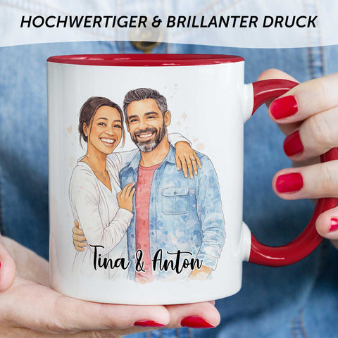 Bedruckte Tasse im Aquarell Stil - Foto Pärchen - Personalisiert mit eigenem Bild