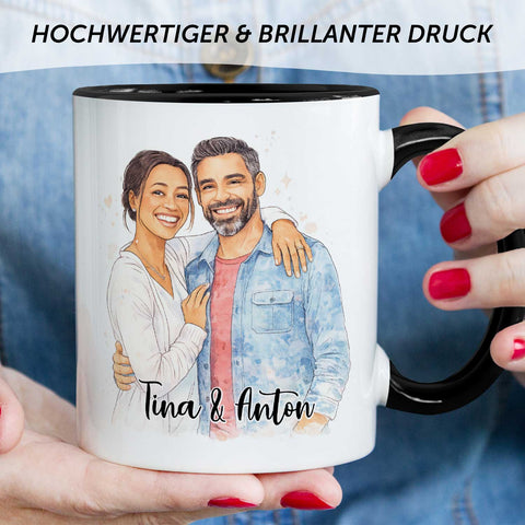 Bedruckte Tasse im Aquarell Stil - Foto Pärchen - Personalisiert mit eigenem Bild