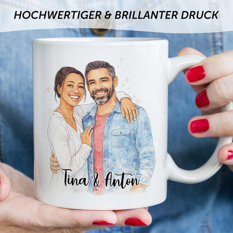 Bedruckte Tasse im Aquarell Stil - Foto Pärchen - Personalisiert mit eigenem Bild
