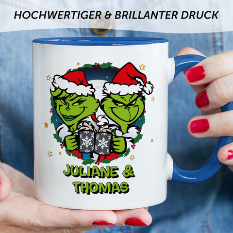 Bedruckte Tasse mit Weihnachtsmotiv - Grinch Paar mit Namen