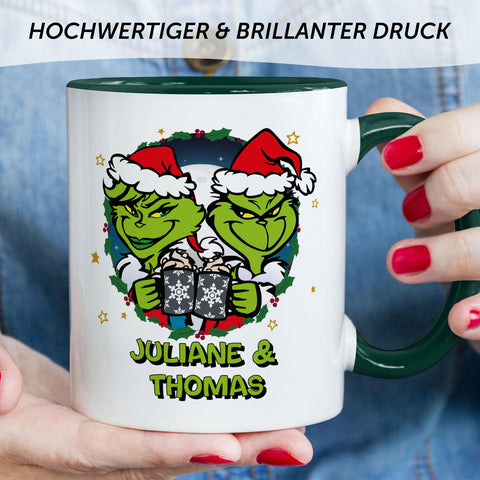 Bedruckte Tasse mit Weihnachtsmotiv - Grinch Paar mit Namen