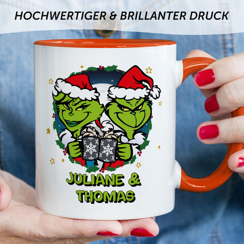 Bedruckte Tasse mit Weihnachtsmotiv - Grinch Paar mit Namen