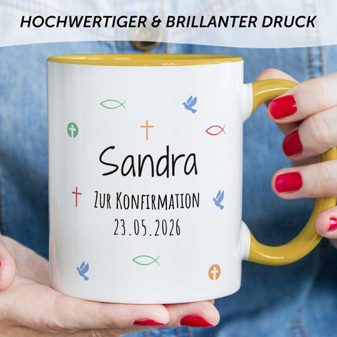 Bedruckte Tasse mit Motiv - Zur Erstkommunion & Konfirmation - Personalisiert mit Name & Datum