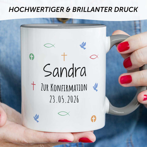 Bedruckte Tasse mit Motiv - Zur Erstkommunion & Konfirmation - Personalisiert mit Name & Datum