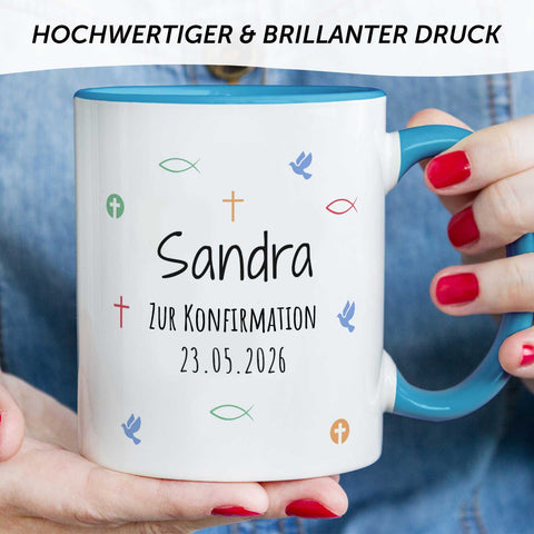 Bedruckte Tasse mit Motiv - Zur Erstkommunion & Konfirmation - Personalisiert mit Name & Datum
