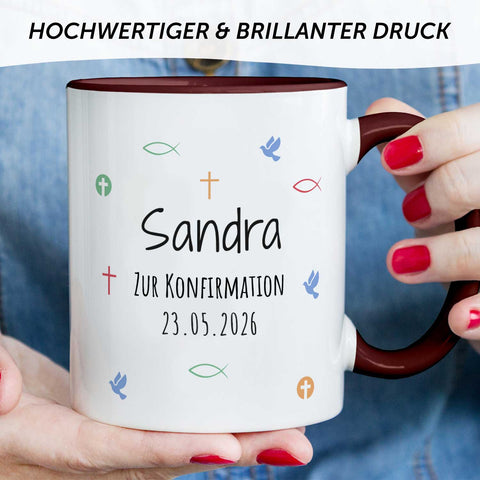Bedruckte Tasse mit Motiv - Zur Erstkommunion & Konfirmation - Personalisiert mit Name & Datum
