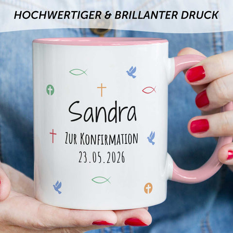 Bedruckte Tasse mit Motiv - Zur Erstkommunion & Konfirmation - Personalisiert mit Name & Datum