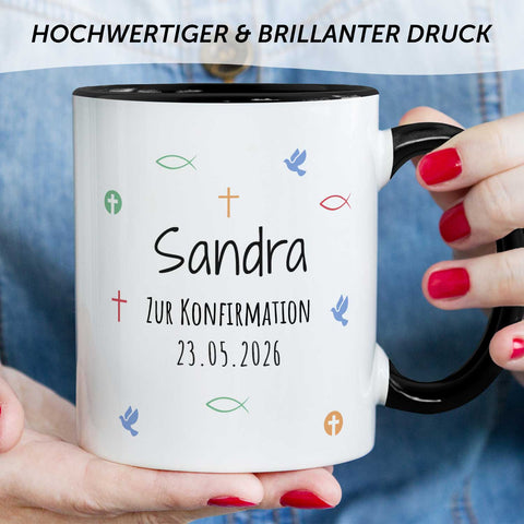 Bedruckte Tasse mit Motiv - Zur Erstkommunion & Konfirmation - Personalisiert mit Name & Datum