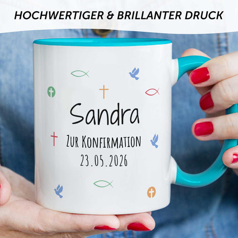 Bedruckte Tasse mit Motiv - Zur Erstkommunion & Konfirmation - Personalisiert mit Name & Datum