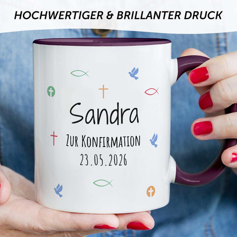 Bedruckte Tasse mit Motiv - Zur Erstkommunion & Konfirmation - Personalisiert mit Name & Datum
