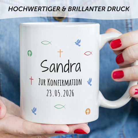 Bedruckte Tasse mit Motiv - Zur Erstkommunion & Konfirmation - Personalisiert mit Name & Datum