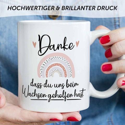 Bedruckte Tasse mit Spruch - "Danke dass du uns beim Wachsen geholfen hast" V2
