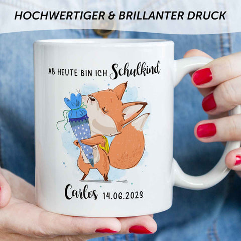 Bedruckte Tasse mit Spruch "Schulkind" - personalisiert mit Name und Datum