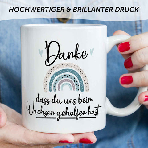 Bedruckte Tasse mit Spruch - "Danke dass du uns beim Wachsen geholfen hast" V2