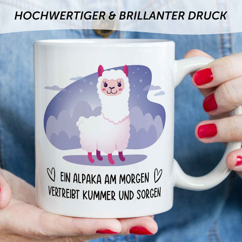 Bedruckte Tasse mit Spruch Alpaka am Morgen