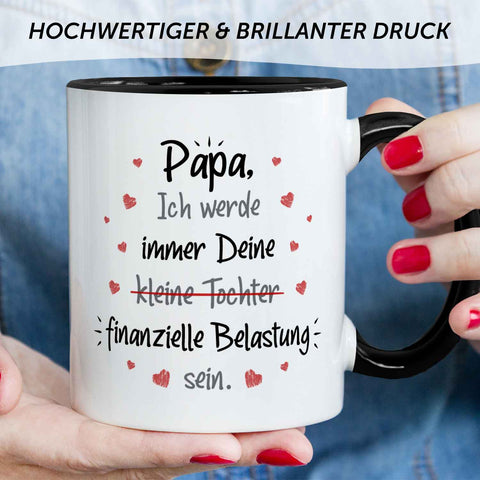 Bedruckte Tasse mit Spruch Finanzielle Belastung