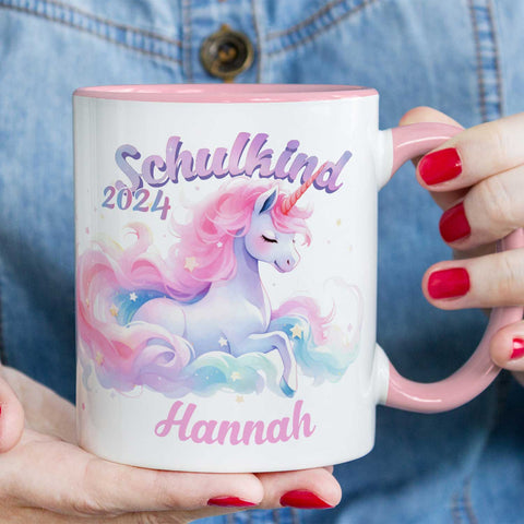 Bedruckte Tasse mit Einschulung magisches Einhorn Motiv - personalisiert mit Name