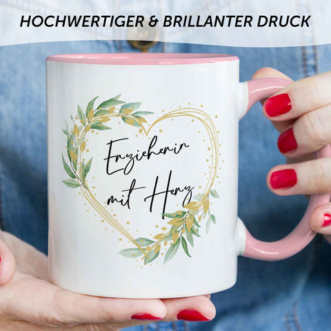Bedruckte Tasse mit Spruch - Erzieherin mit Herz