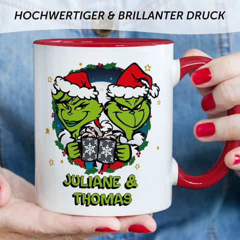 Bedruckte Tasse mit Weihnachtsmotiv - Grinch Paar mit Namen