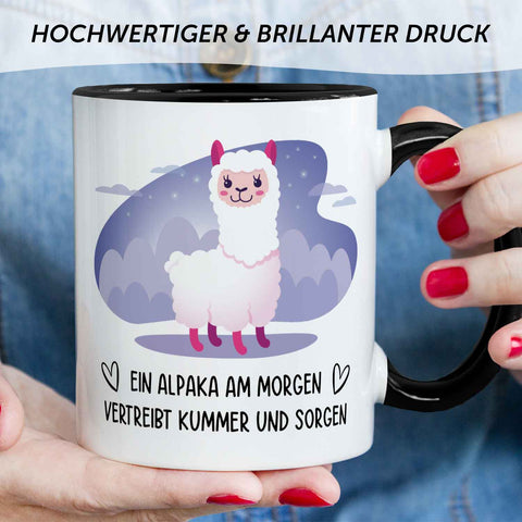 Bedruckte Tasse mit Spruch Alpaka am Morgen