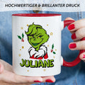 Bedruckte Tasse mit Weihnachtsmotiv - Weiblicher Grinch mit Name