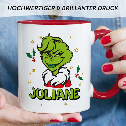 Bedruckte Tasse mit Weihnachtsmotiv - Weiblicher Grinch mit Name