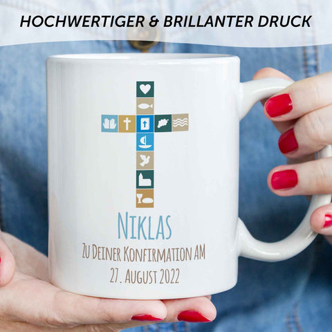 Bedruckte Tasse mit Motiv - Zur Konfirmation V2 mit Name & Datum