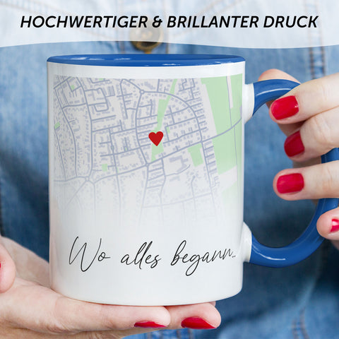 Bedruckte Tasse mit "Wo alles begann" Motiv - Personalisiertes Geschenk mit Wunschkoordinaten