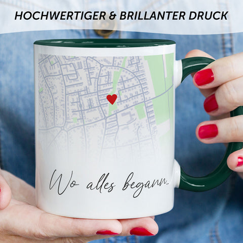 Bedruckte Tasse mit "Wo alles begann" Motiv - Personalisiertes Geschenk mit Wunschkoordinaten