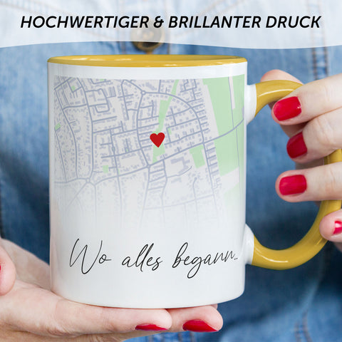 Bedruckte Tasse mit "Wo alles begann" Motiv - Personalisiertes Geschenk mit Wunschkoordinaten
