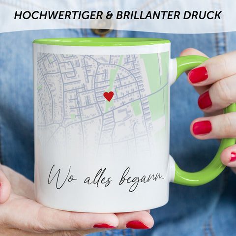 Bedruckte Tasse mit "Wo alles begann" Motiv - Personalisiertes Geschenk mit Wunschkoordinaten