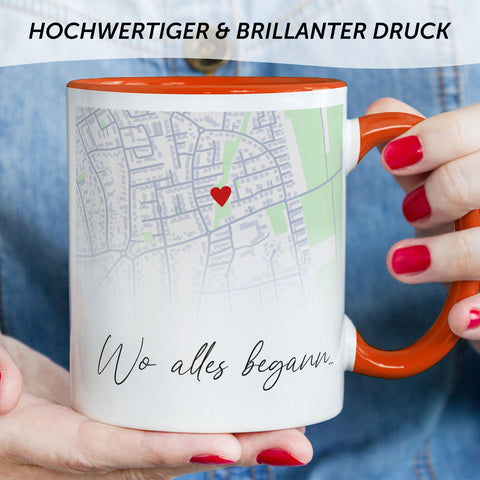 Bedruckte Tasse mit "Wo alles begann" Motiv - Personalisiertes Geschenk mit Wunschkoordinaten