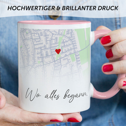 Bedruckte Tasse mit "Wo alles begann" Motiv - Personalisiertes Geschenk mit Wunschkoordinaten