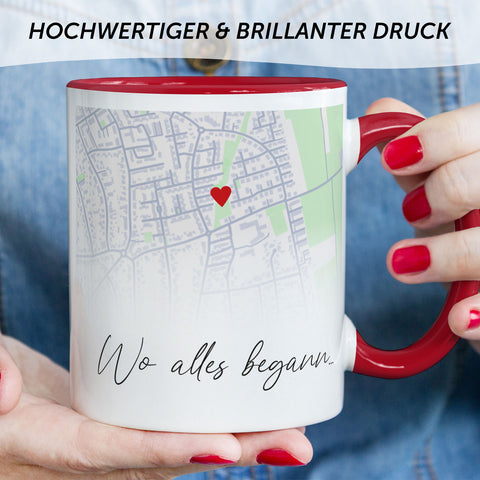 Bedruckte Tasse mit "Wo alles begann" Motiv - Personalisiertes Geschenk mit Wunschkoordinaten