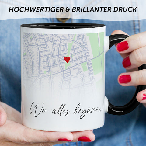 Bedruckte Tasse mit "Wo alles begann" Motiv - Personalisiertes Geschenk mit Wunschkoordinaten