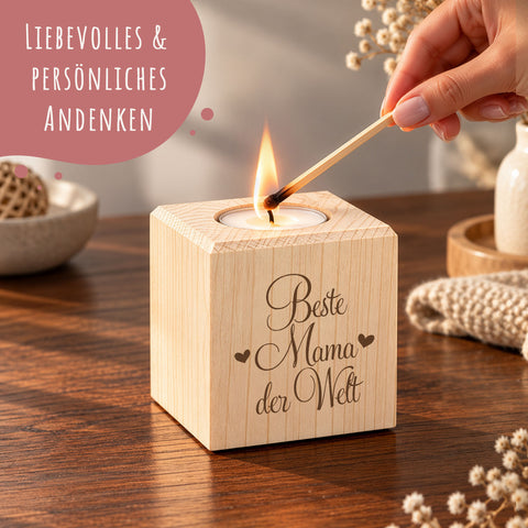 Teelichthalter mit Gravur aus Holz für Mama - Beste Mama der Welt - Persönliches Geschenk für